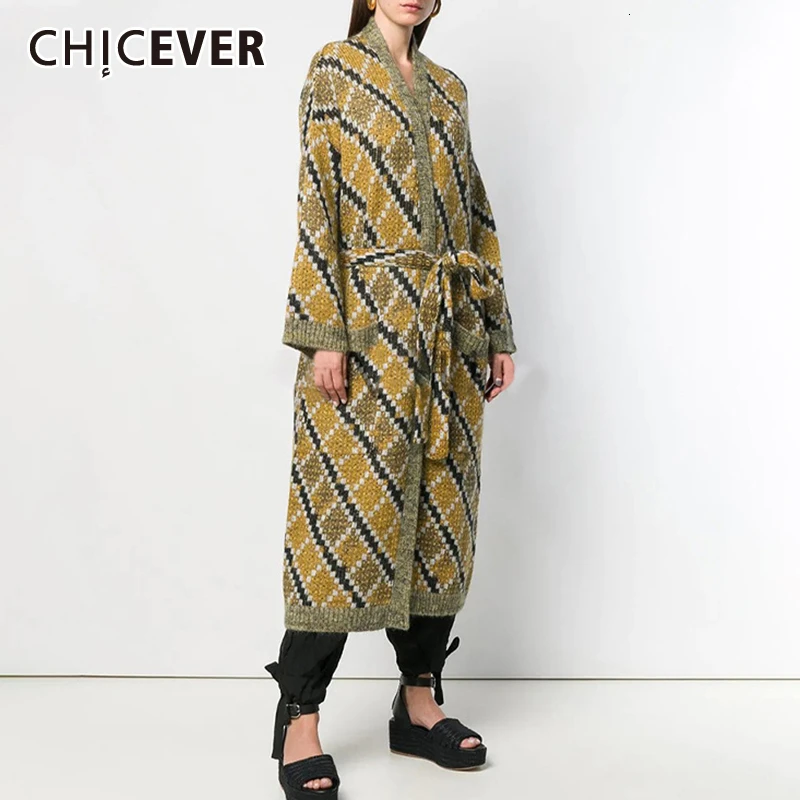 CHICEVER элегантные клетчатые вязаные женские кардиганы с длинным рукавом и высокой талией на шнуровке женские свитера Осенняя модная одежда