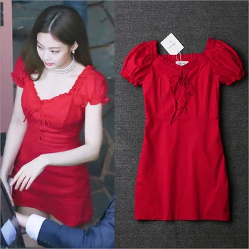 

bubble sleeve square collar dress female 2020 summer dress slim waist line dress