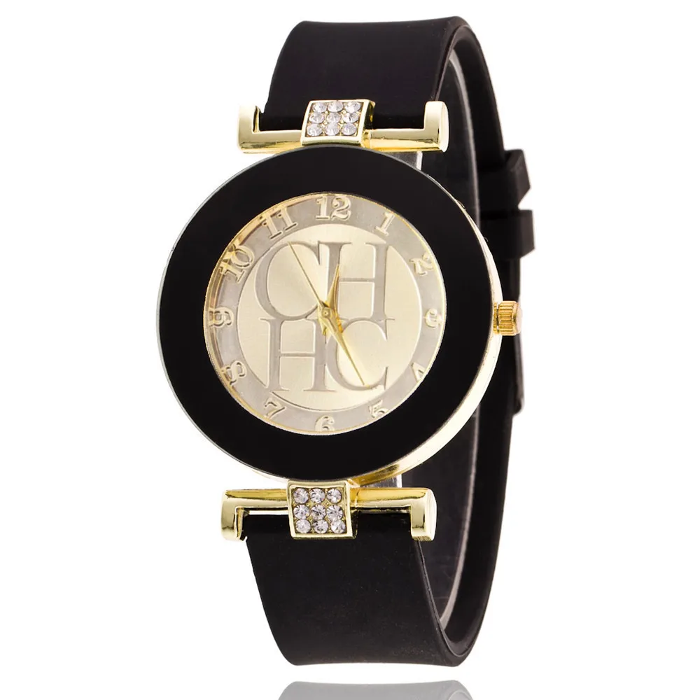 Горячая модные черные Geneva повседневные CHHC кварцевые женские часы Кристальные силиконовые часы Relogio Feminino мужские наручные часы - Цвет: Черный