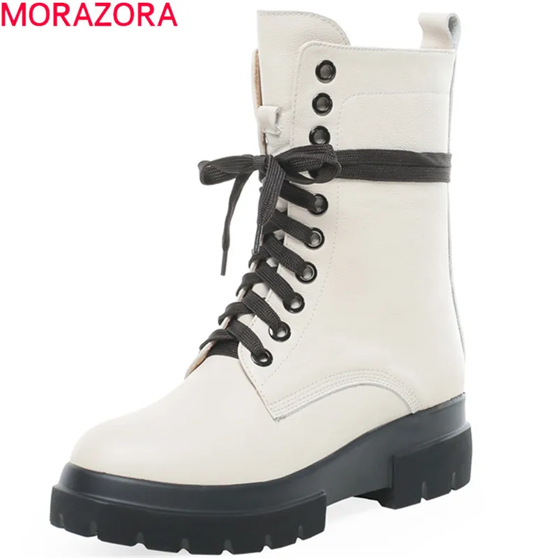 

MORAZORA 2020 new arrival women ankle boots genuine leather shoes lace up round toe autumn flat punk shoes woman big size 40