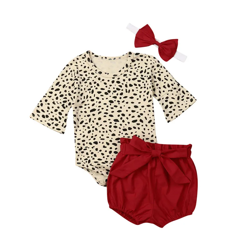 

Summer Newborn Baby Girls Clothes Set Long Sleeve Top Leopard Print Romper Shorts Headband 3PCS Outfits Sets