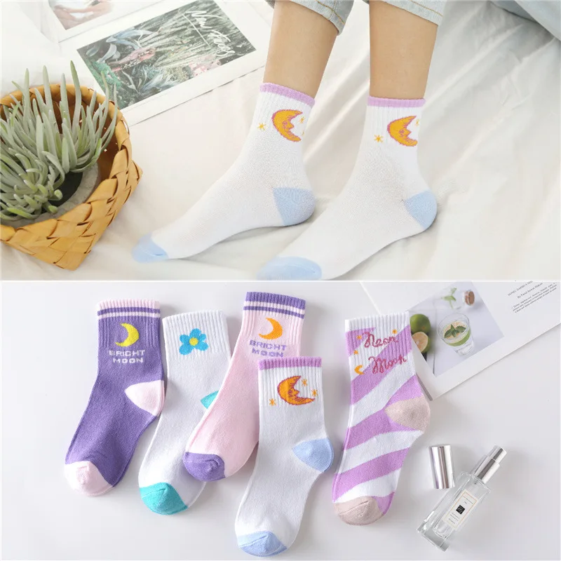 5 пар/лот, женские зимние носки средней длины с рисунком Луны, носки средней длины для женщин/девочек, теплые ветрозащитные удобные хлопковые носки