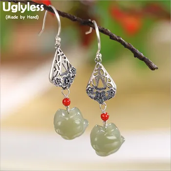 

Uglyless Bring LOVE Fox Earrings for Women Ethnic Thai Silver Flowers Earrings 925 Silver Nature Jade Animals Fine Jewelry E1894