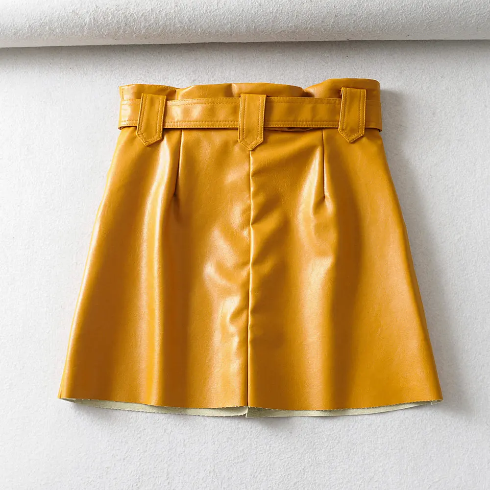 Шикарная юбка из искусственной кожи, женская сексуальная офисная мини-юбка, уличный пояс с высокой талией, желтая юбка, зимние корейские женские юбки