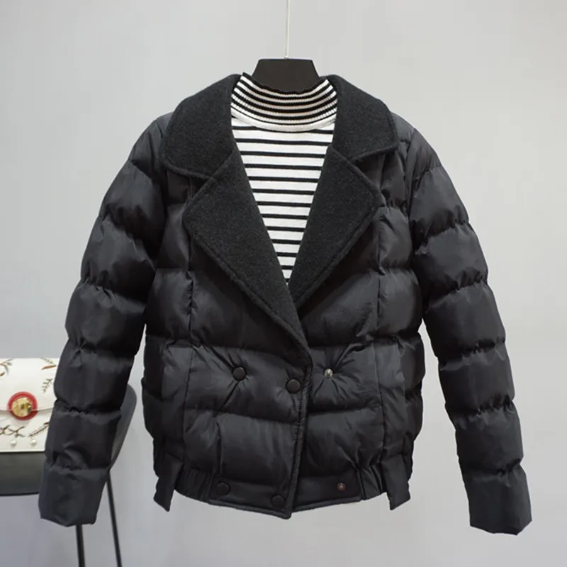 

Cotton Jacket Women 2020 New Winter Coat Woolen Suit Collar Double-Breasted Short Clothes Black Beige Outerwear Female Tops