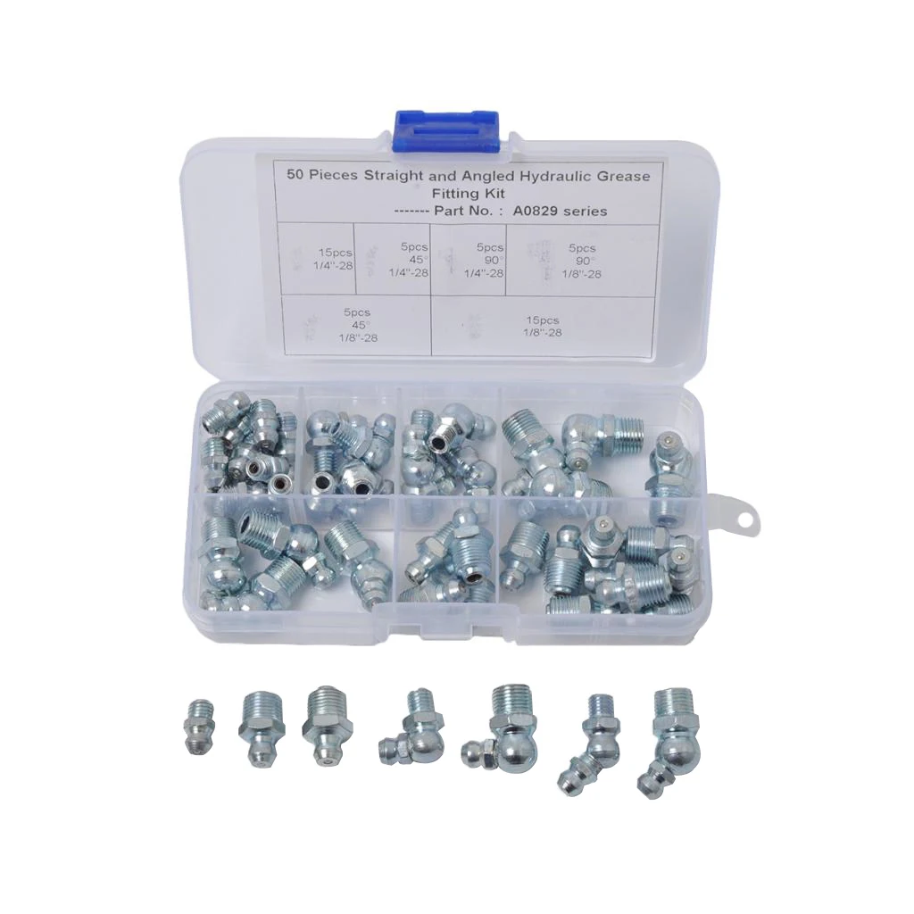 50pcs Grease Hydraulic Zerk Fitting Kit grease fitting kit 1/4" 1/8" SAE Straight 90 45 Degree