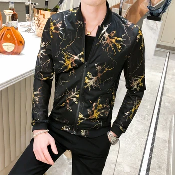 

Men Spring Jacket Foil Gold Jacket Men Zipper Club Outfit Men Streetwear Fashion Designer Transparent Outfit Gold Black Jacket