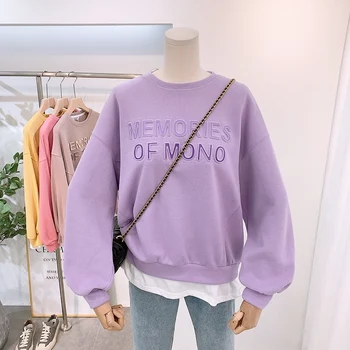 

3D Letter Cotton Sweatshirt Women Good Quality Simple Cozy Casual Pullover Coat Femme Patchwork Basic Sweat Top Purple