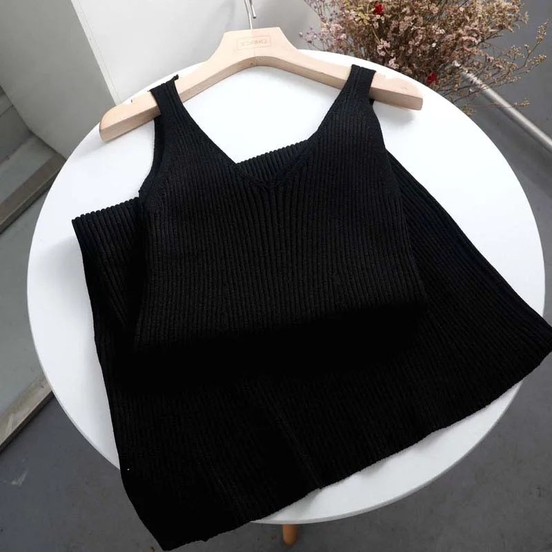 autumn winter Woman thick knit Tank Dress Casual sleeveless sweater dress Camisole Female v-neck camis sexy sweater dress - Цвет: Черный