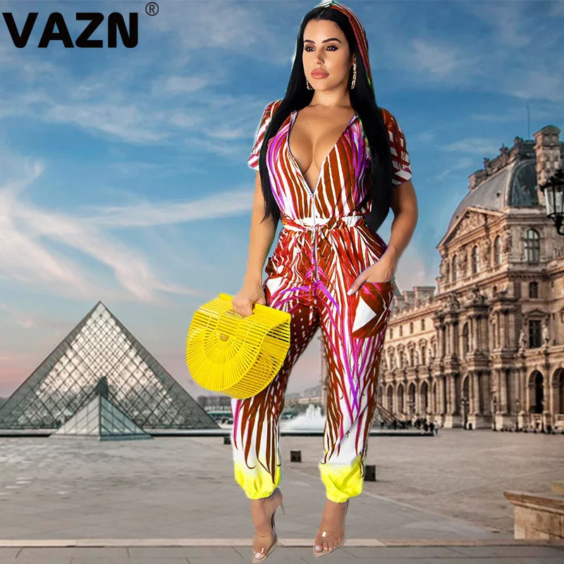 VAZN GMYF19381 новые модные женские облегающие Клубные снижающие возраст женский комбинезон с v-образным вырезом без рукавов длинные брюки Комбинезоны Сексуальная ветровка