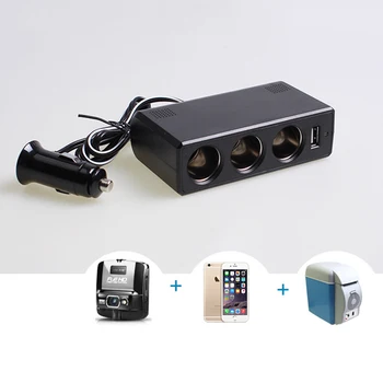 

12V-24V Car Splitter Cigarette Lighter Socket Adapter 3 Ports Dual USB Car Charger Separator 3 USB Port 3 Cigarette Port Black