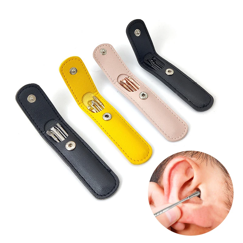 Stainless Steel Spiral Ear Pick Spoon Ear Wax Removal Cleaner Tool 6Pcs/set Multi-Function Portable with Storage Holster
