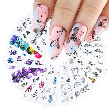 

14pcs Black Nail Stickers Slider Flower Lotus Butterfly Diy Floral Designs Water Tattoo For Wraps Decals Manicure Set