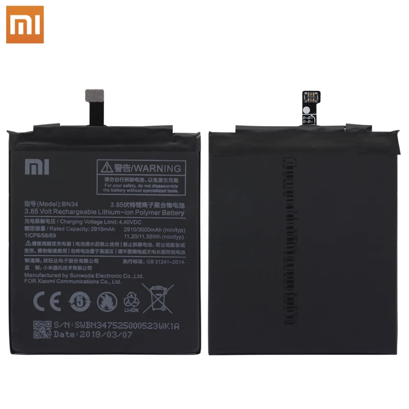 3000mAh BN34 резервный аккумулятор для Xiaomi Redmi 5A высокомощный аккумулятор телефон батарея Замена для Mi Redmi 5A батарея