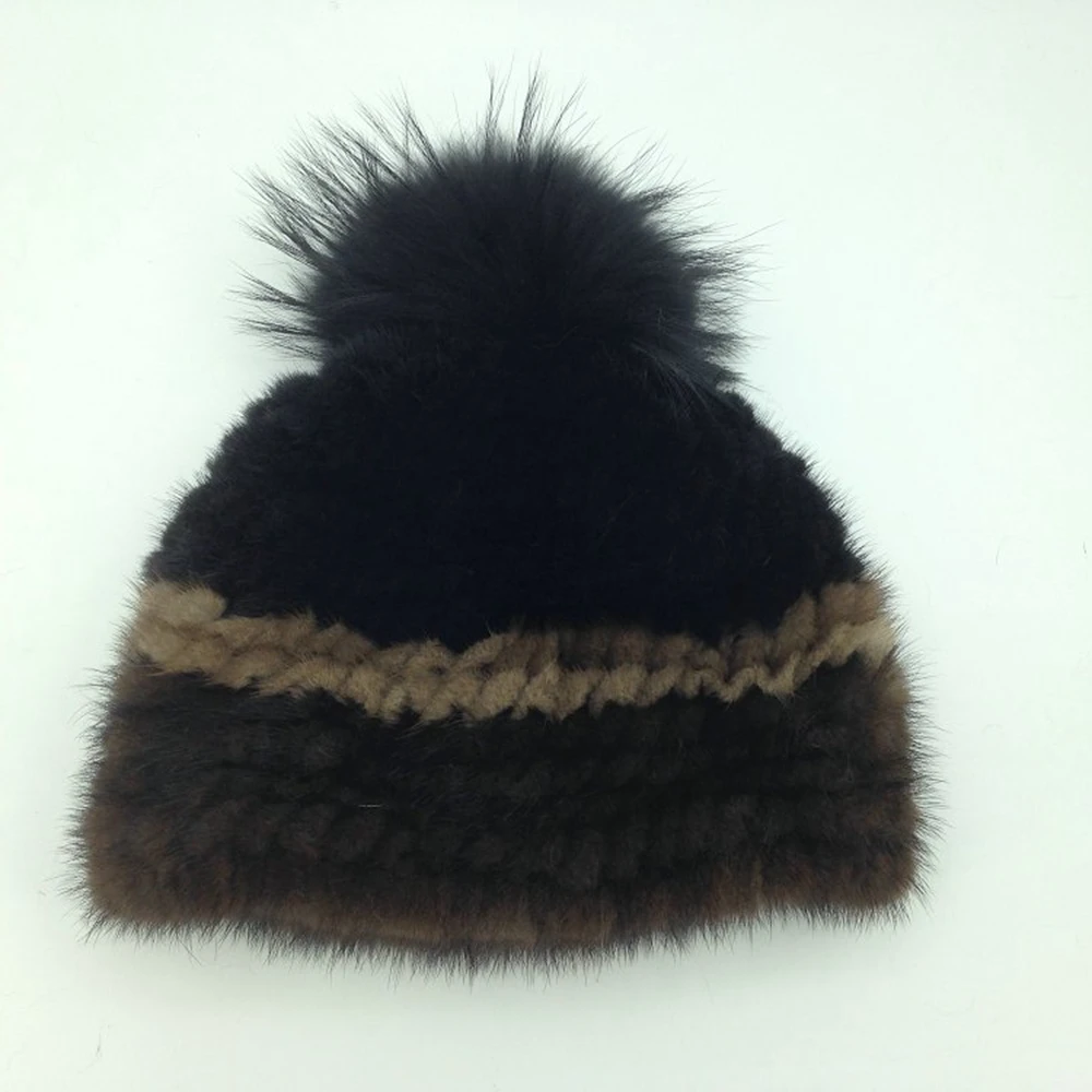 Women's Knitted Mink Hat New Fashion Raccoon Fur Ball Women Winter Headgear Cap Ski cap