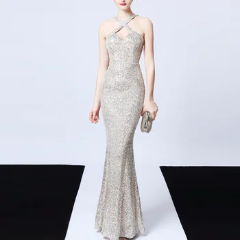 

Sequins Women Party Dress 2020 New Plus Size Mermaid Prom Dress Robe De Soiree Apricot Silver Sleeveless Evening party Dress