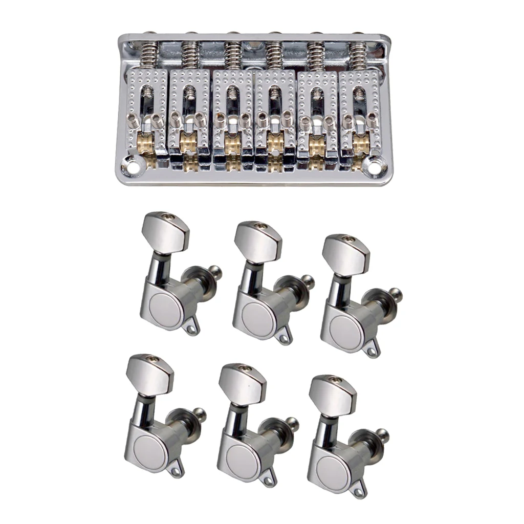 Chrome 6 String Guitar Hardtail Bridge Top Load+6R Tuning Pegs Tuners for Electric Guitar