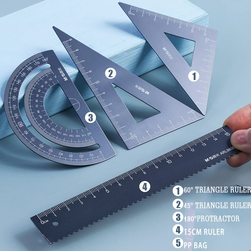 M&G 4PCS/Set UV Aluminum Alloy Ruler Drawing Measurement Geometry Triangle Ruler straightedge Protractor A variety of rulers