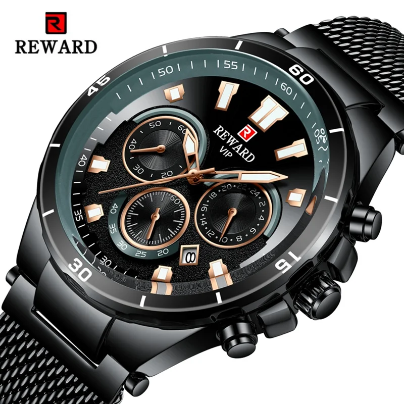 

REWARD Men's Watches Top Brand Multi-function Stopwatch Luminous Hand Waterproof Steel Strap Gold Men Sport Reloj Hombre