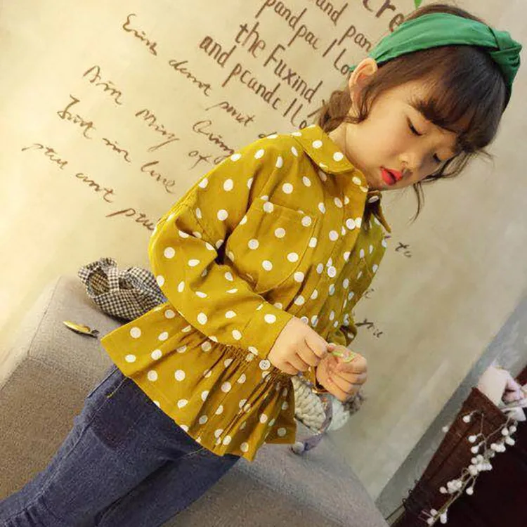 

2018 Autumn Clothing New Style Korean-style Girls Elegant Polka Dot Western Style Fold-down Collar Waist Hugging Flounced Shirt