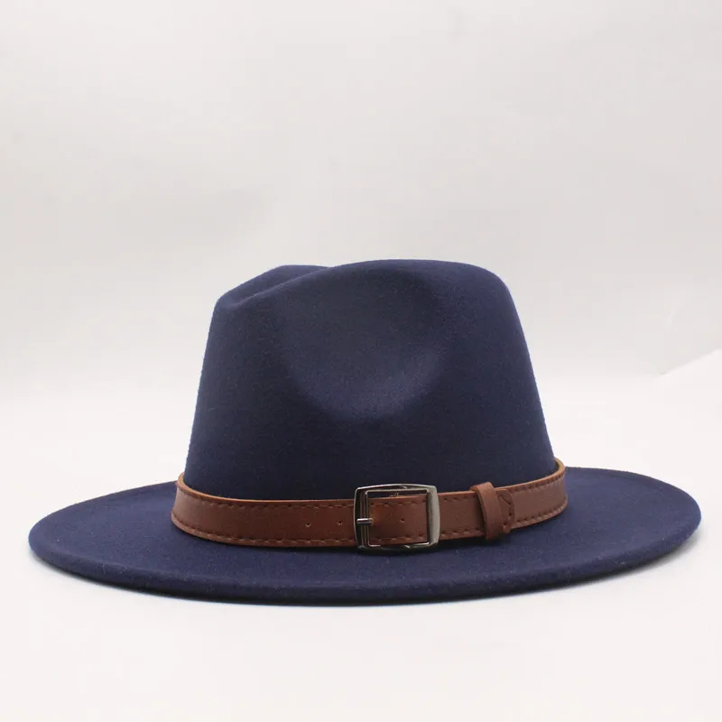 Новинка Зима Осень шерсть для женщин мужчин ремень дамы Fedoras Топ джаз шляпа Европейский Американский круглые шапки котелок шапки - Цвет: Navy