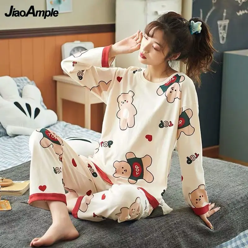 2022 Spring Autumn Casual Sleepwear women's Cotton Pajamas  Suit Female Long-sleeved Trousers Nightie Pijamas Two Piece Set