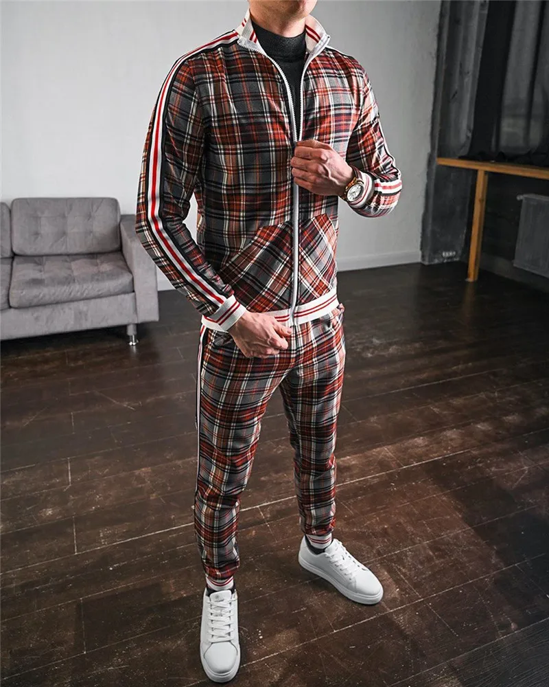 Mens Sets Fashion Jackets Men Tracksuit 2021 Autumn Colorful Plaid Men Casual Zipper Tracksuit Set Male Sweatshirt Pocket elmsk 2021 youth day fashion workwear pants vintage zipper panel personalized new harun pants loose relaxed pants