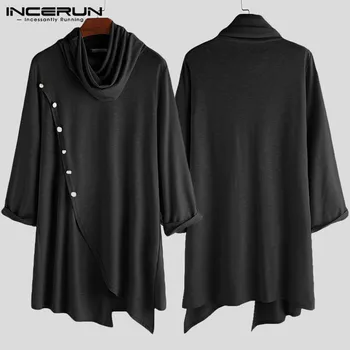 

Men Shirt Retro Muslim Clothes Turtleneck 2020 Button Long Sleeve Solid Irregular Long Tops Men Indian Dress Shirt S-5XL INCERUN