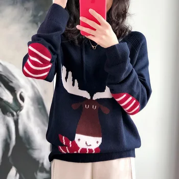 

100% Cashmere and Wool Knit Jumpers Women Hoooded Winter and Autumn Sweaters ladies Cartoon With Hat ladies Pullovers