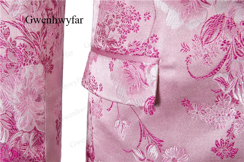 Gwenhwyfar Pink Men Tuxedos Floral 3 Pcs Slim Fit Shawl Lapel with Pipping Shinny Pants Male Party Tuxedos