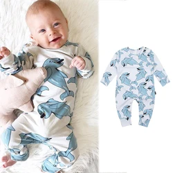 Barboteuse à manches longues pour bébé garçon, combinaison en coton imprimé dauphin, body pour nourrissons et enfants 