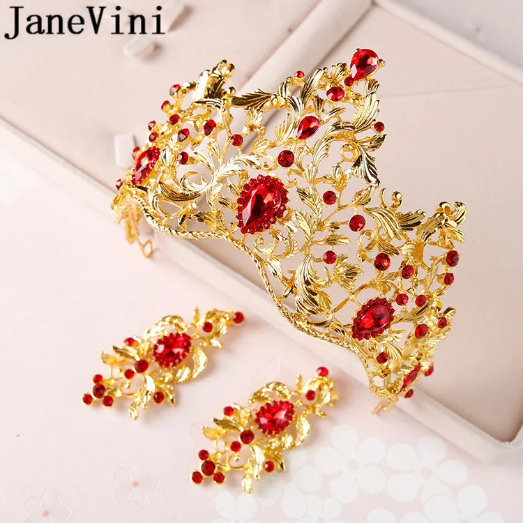 

JaneVini Red Crystal Baroque Women Crowns with Earrings Gold Metal Headband Vintage Green Pageant Party Headpiece Wedding Tiaras