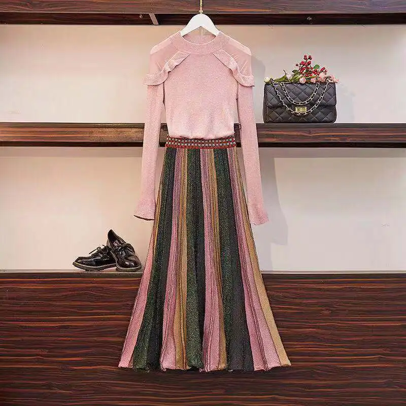 

Autumn Winter Ladies Pink Sweater Skirt Sets Ruffles Pullover Jumpers + Color Striped Bright Silk Pleated Skirts Set 2pcs Suits