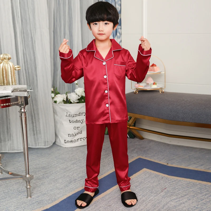 Childrens Boys Girls Ice Silk Pajamas Cardigan Long-sleeved Sleepwear Nightgown