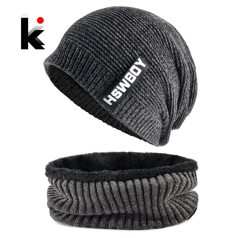 

Warm Beanie And Scarf Set For Men Knitted Wool Solid Color Hat Scarf Doulbe Layer Add Velvet Skullies Beaneis Hip Hop Gorras