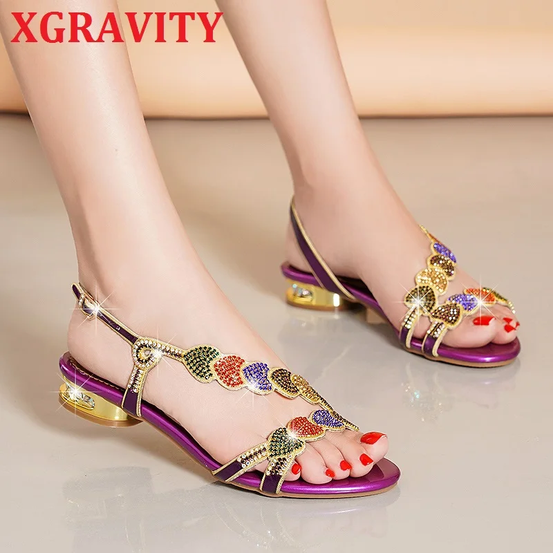 

XGRAVITY B300 New Fashion Colorful Rhinestone Sandals Elegant Women Flat Shoes Genuine Leather Open Toe Shoes All Matched Ladies