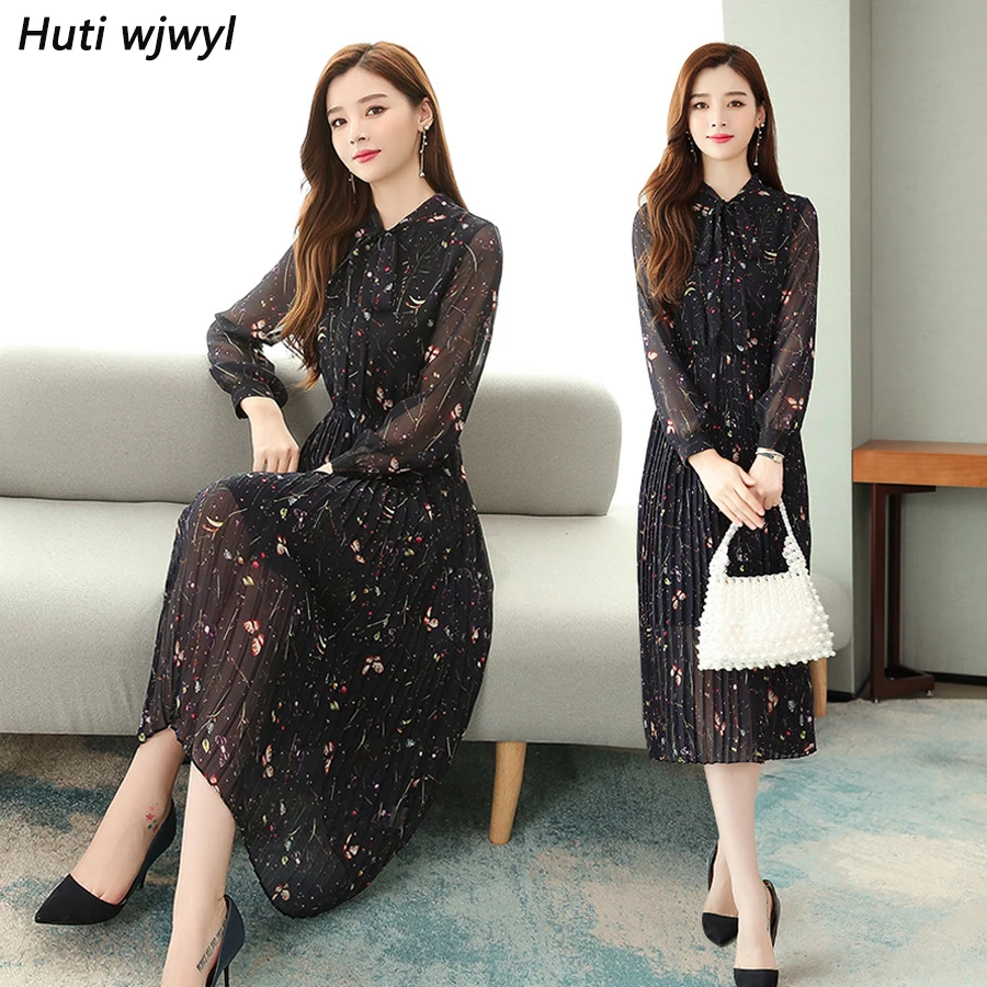 

2019 Vintage Floral Chiffon Midi Dresses Autumn Winter New Plus Size Print Long Sleeve Dress Elegant Women Bodycon Party Vestido