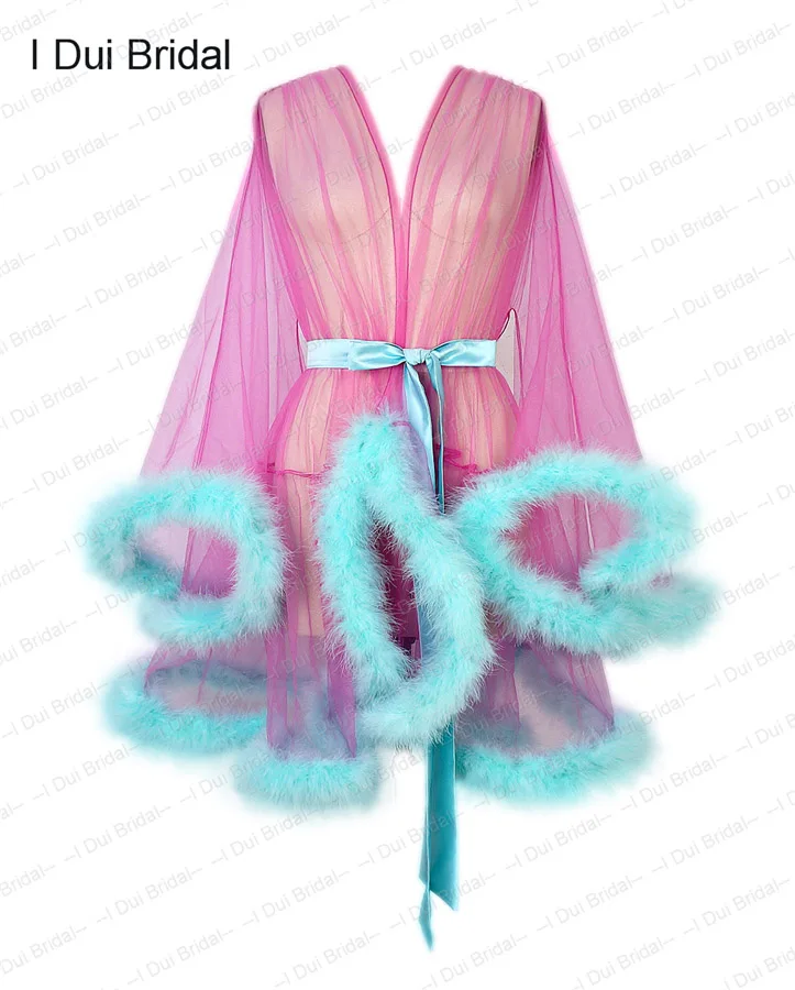 Fuchsia blue Короткий халат с перьями, свадебное платье, пышный халат, тюль, иллюзия, день рождения, перьевое платье, костюм - Цвет: Fuchsia blue