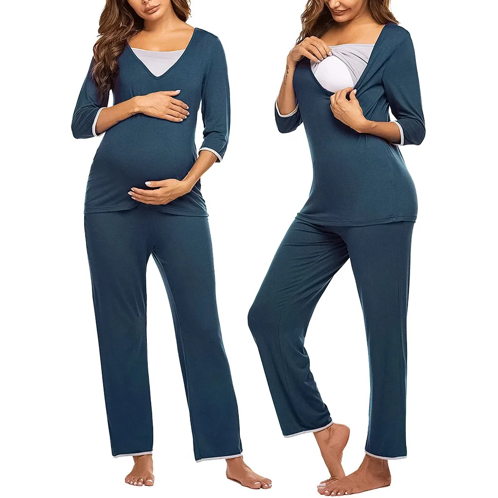 Одежда для беременных, Женская 3/4 для беременных, футболка с длинными рукавами для кормящих детей, топы+ штаны, пижамный комплект, костюм для женщин, 1217
