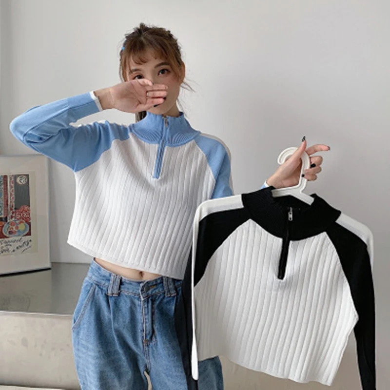 Женская одежда 2019 на молнии с высоким плотно облегающим шею воротником вязаный