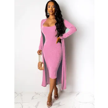 

Autumn Women Warm Velvet 2 Two Piece Set Sexy Spaghetti Straps Knee Length Bodycon Dress + Long Sleeve Cardigan Coat Female Suit