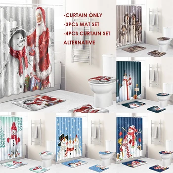 

Fancy Merry Christmas Shower Curtain Set Polyester Snowman Bathroom Curtains Bath Mat Anti-slip Toilet Cover Soft Rugs Carpets