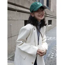 

Women Vintage Corduroy Blazers Beige Brown Loose Single Breasted Suits 2021 Woman Office Work Blazer Warm Clothing Spring Autumn