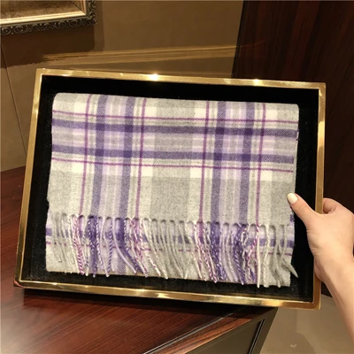 purple grey plaid Luna& Dolphin, английские женские кашемировые шарфы из натуральной шерсти, 180x35 см, шотландские, черные, белые, в клетку, Эдинбург, в клетку, теплые, школьные шали - Цвет: purple grey plaid