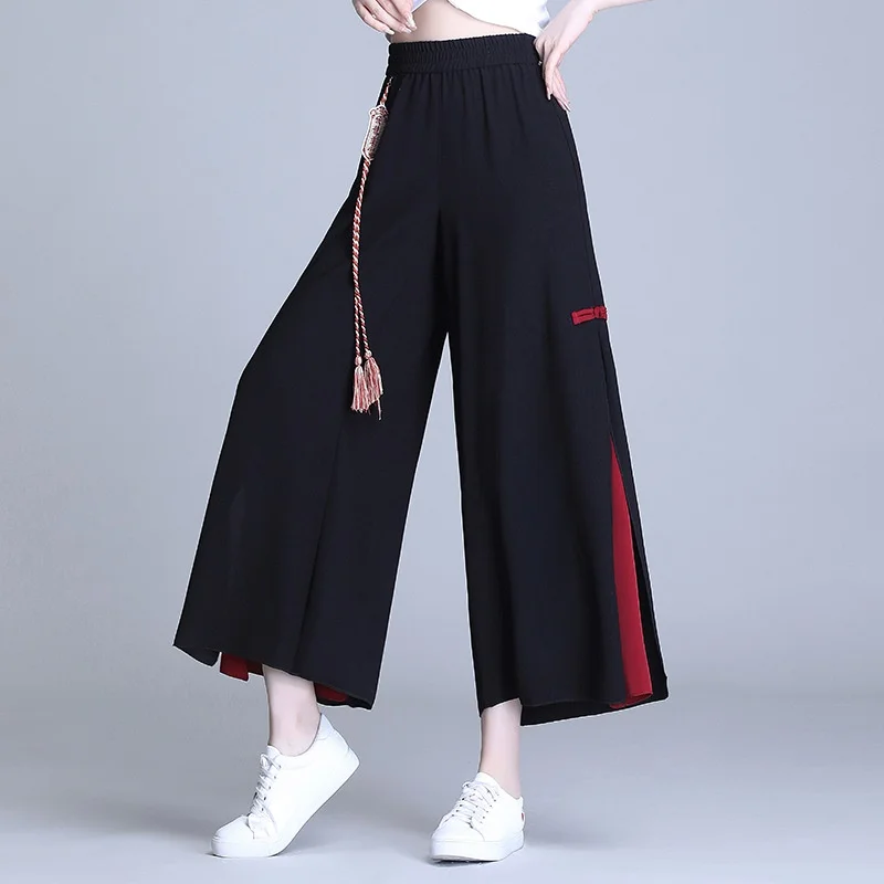 Women Pants Chinese Style Women's Pants New Summer Hippie Ethnic Loose Black Slit Wide Leg Pant Femme Pantalones Kimonos Trousers F3193