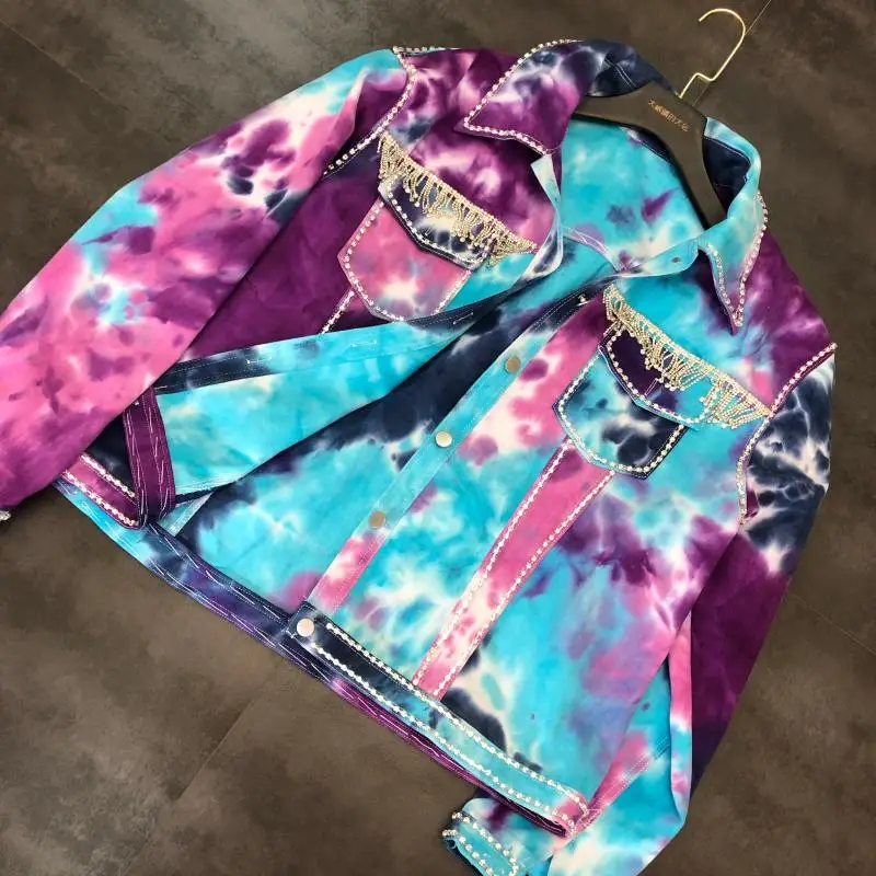 Jacket autumn new rhinestone tassel chain ink ink color coat female