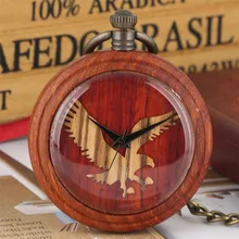 Antique Retro Wood Watch Quartz Movement Red Wooden Pendant Watch with Bronze Hanging Chain Flying Eagle Display Pocket Clock