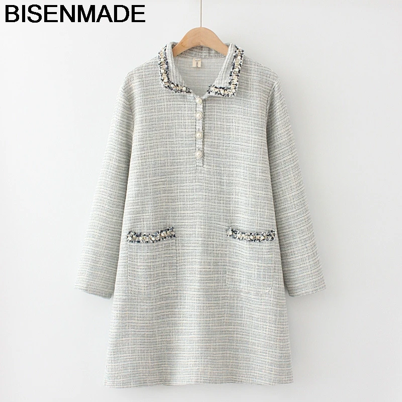 

Vintage Oversize Women's Dress Spring/Autumn New Style Slim Loose Two Pockets Pearl Bead Chic One-Piece Fashion 2020