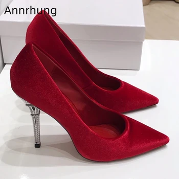 

Luxury Velvet High Heel Dress Shoes Woman Metal Tower Heel Pointed Toe Spike Strange Heel Slim Pumps Women Zapatos Mujer