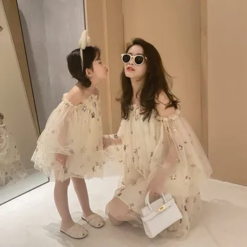 

2020 summer parent-child dress mother and daughter one-shoulder mesh dress